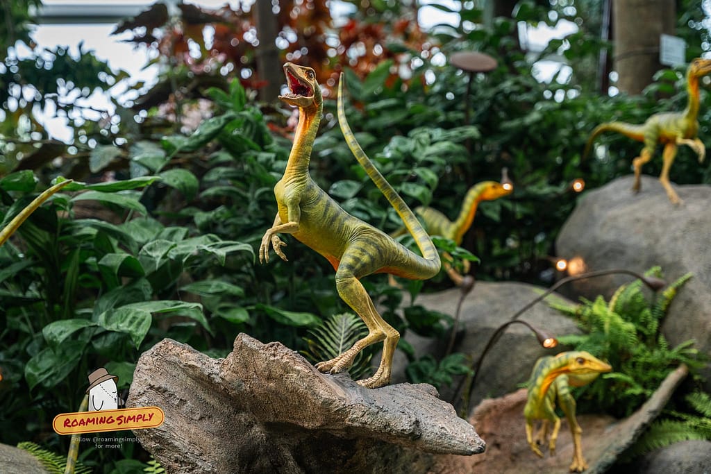 A close-up shot of a pack of small, lifelike animatronic dinosaurs standing on rocks amidst lush ferns and dense tropical foliage at the Jurassic World Exhibition in Gardens by the Bay, Singapore.
