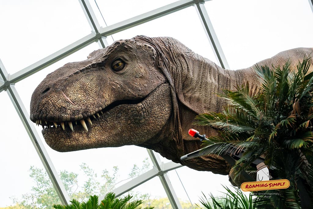 Detailed low-angle photograph of a life-like Tyrannosaurus Rex head model inside the vast glass biodome of Gardens by the Bay for the Jurassic World Exhibition, Singapore, with Supertree Grove visible in the distance.