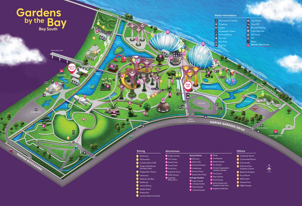 A detailed illustrated visitor map of Gardens by the Bay in Singapore, highlighting key attractions like the Supertree Grove, Flower Dome, and Cloud Forest.