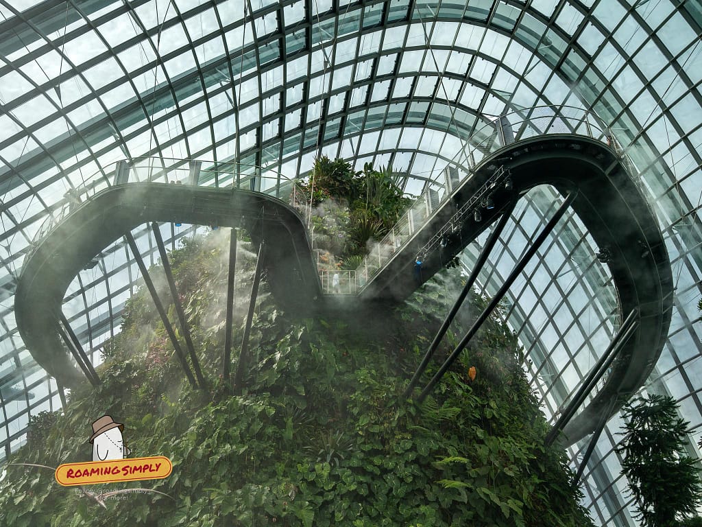 Low-angle view looking up at the lush, plant-covered Cloud Mountain and the elevated winding Cloud Walk surrounded by artificial mist inside the glass dome.